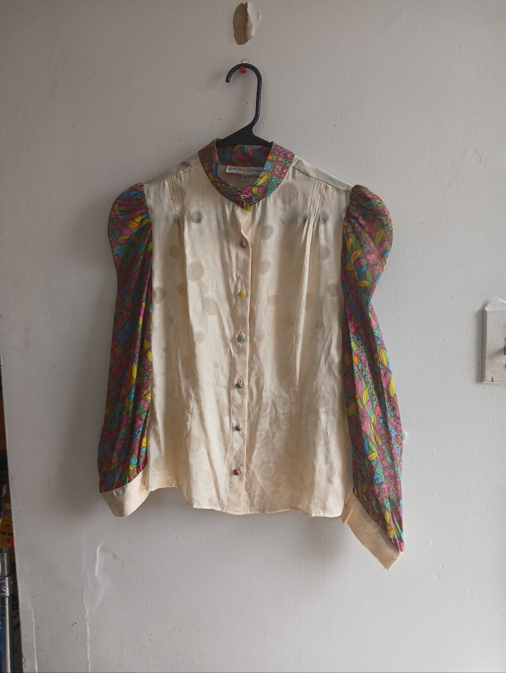 Cream Satin Blouse with Multicolor Printed Sleeves